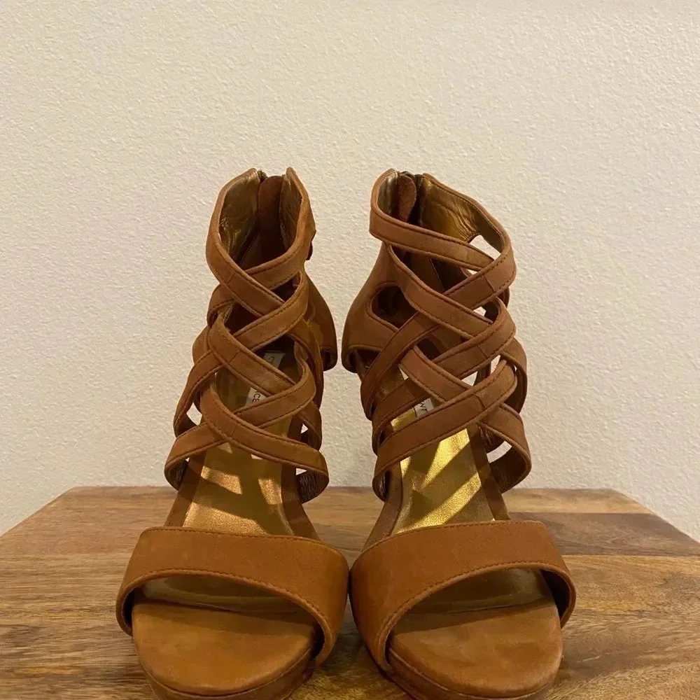 Cynthia Vincent Caramel Soft Leather Caged Heels - Picture 4 of 11